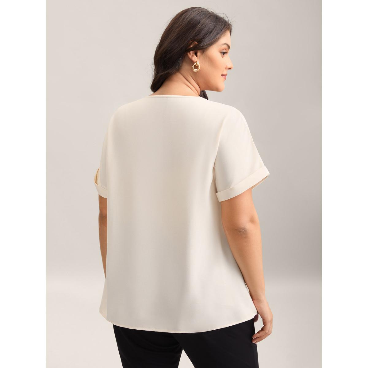 Plus Size Beige Collar Tie Color Contrast Blouse Women Office Short sleeve Ribbon-tied collar Office Blouses BloomChic 10/M Product Image