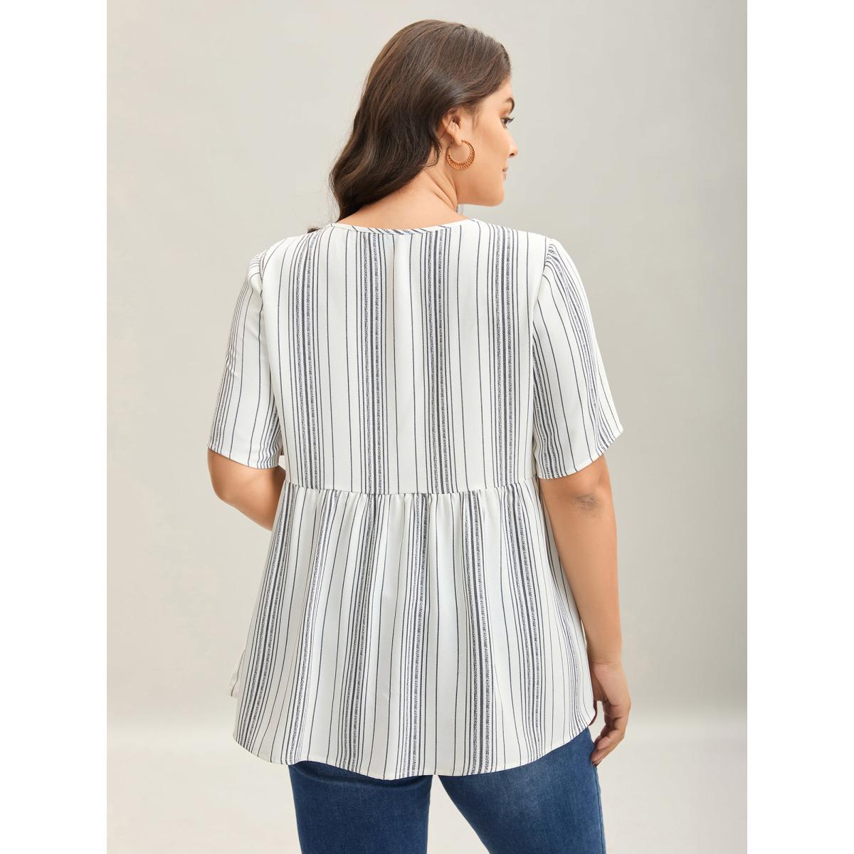Plus Size Ivory Striped Button Detail Flowy Shirt Women Leisure Half Sleeve V-neck Vacation Blouses BloomChic 18-20/2X Product Image