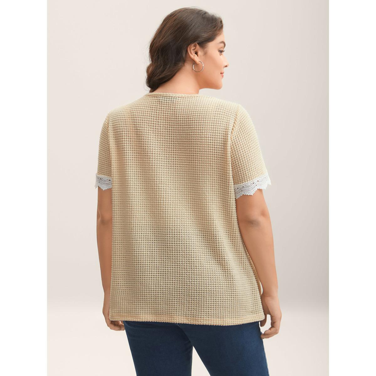 Plus Size Sheer Waffle Textured Lace Trim T-Shirt Beige Women Woven ribbon&lace trim V-neck Everyday-Casual T-shirts BloomChic 22-24/3X Product Image