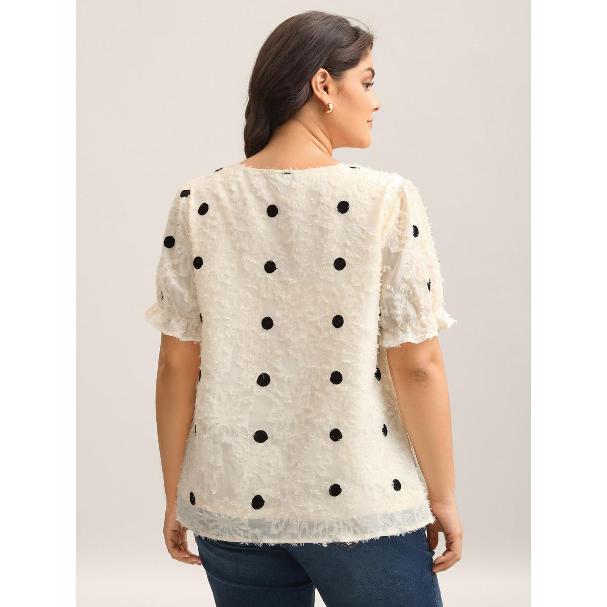 Plus Size Beige Textured Dots V-Neck Puff Sleeve Blouse Women Timeless Short sleeve V-neck Elegant Blouses BloomChic 26/4X Product Image