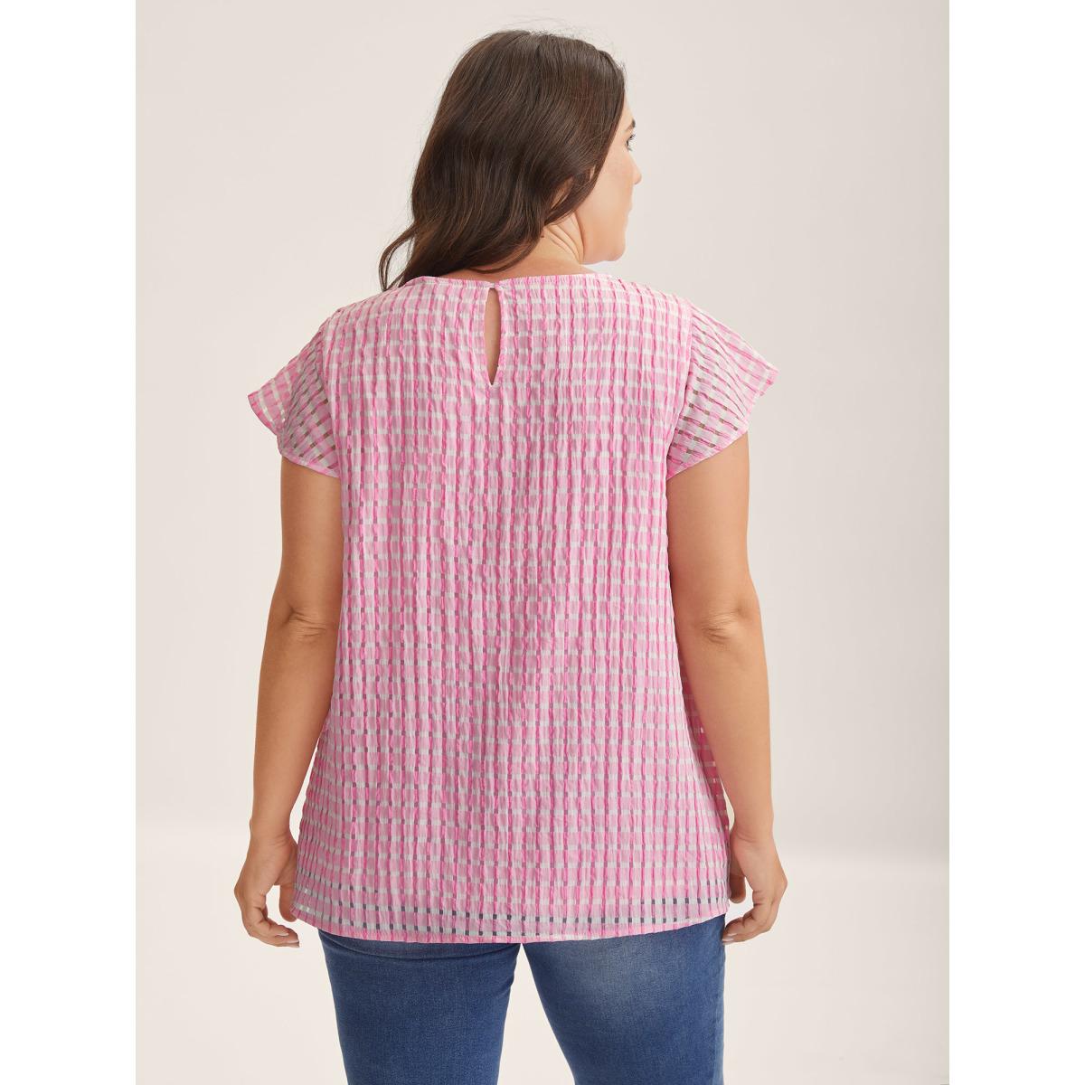 Plus Size Peach Textured Sheer Lined Flutter Sleeve Blouse Women Leisure Cap Sleeve Round Neck Casual Blouses BloomChic 12/L Product Image