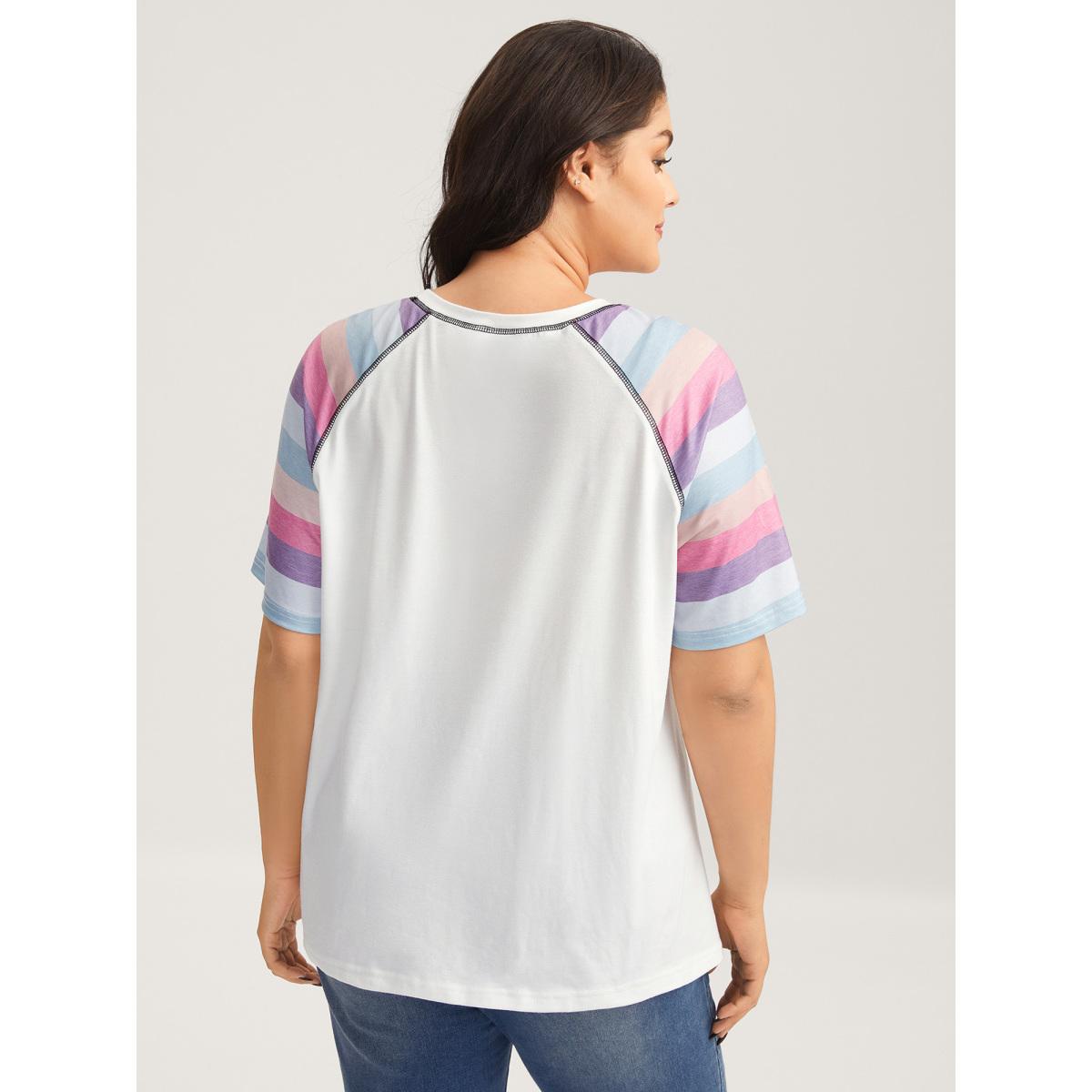 Plus Size Colorful Stripes Raglan Sleeve T-Shirt Originalwhite Women Leisure Topstitching Round Neck Casual T-shirts BloomChic 14-16/1X Product Image
