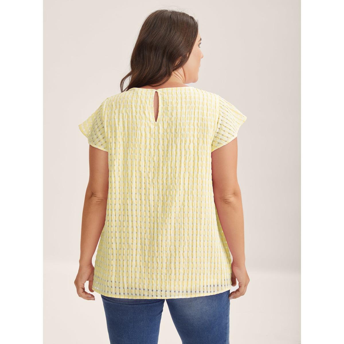Plus Size Lightyellow Textured Sheer Lined Flutter Sleeve Blouse Women Leisure Cap Sleeve Round Neck Casual Blouses BloomChic 12/L Product Image