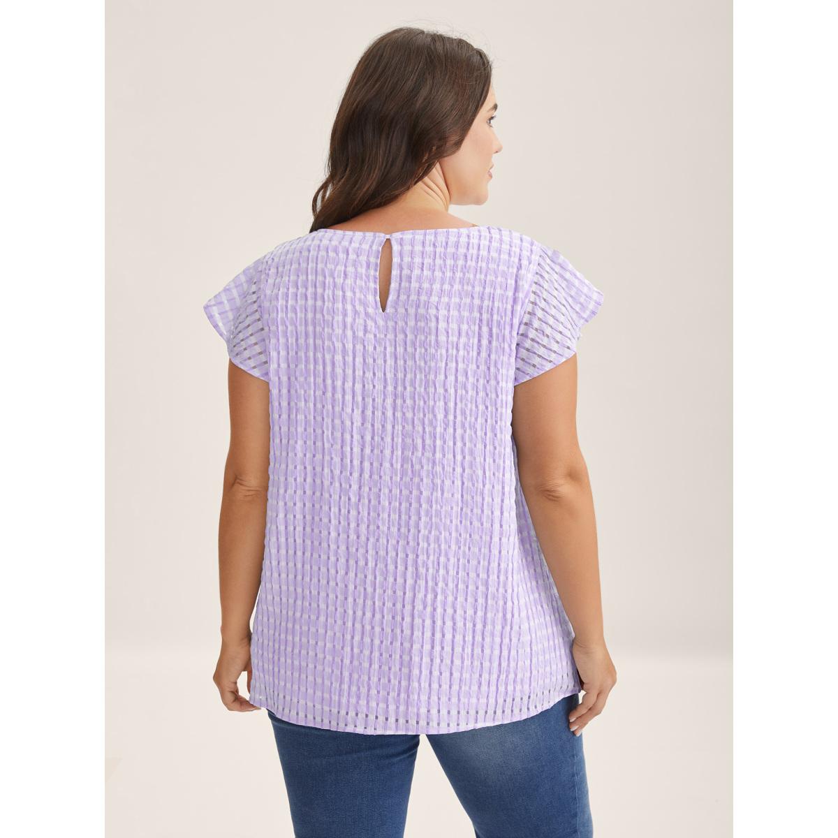 Plus Size LightBlue Textured Sheer Lined Flutter Sleeve Blouse Women Leisure Cap Sleeve Round Neck Casual Blouses BloomChic 30/6X Product Image