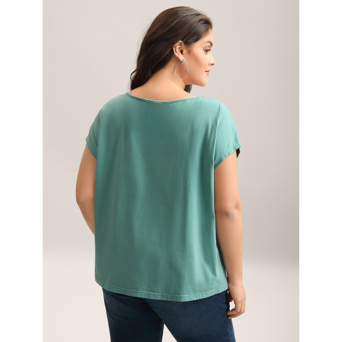 Plus Size Pure Cotton Waist-Tie Plain T-Shirt Turquoise Women Drawstring Boat Neck Vacation T-shirts BloomChic 22-24/3X Product Image