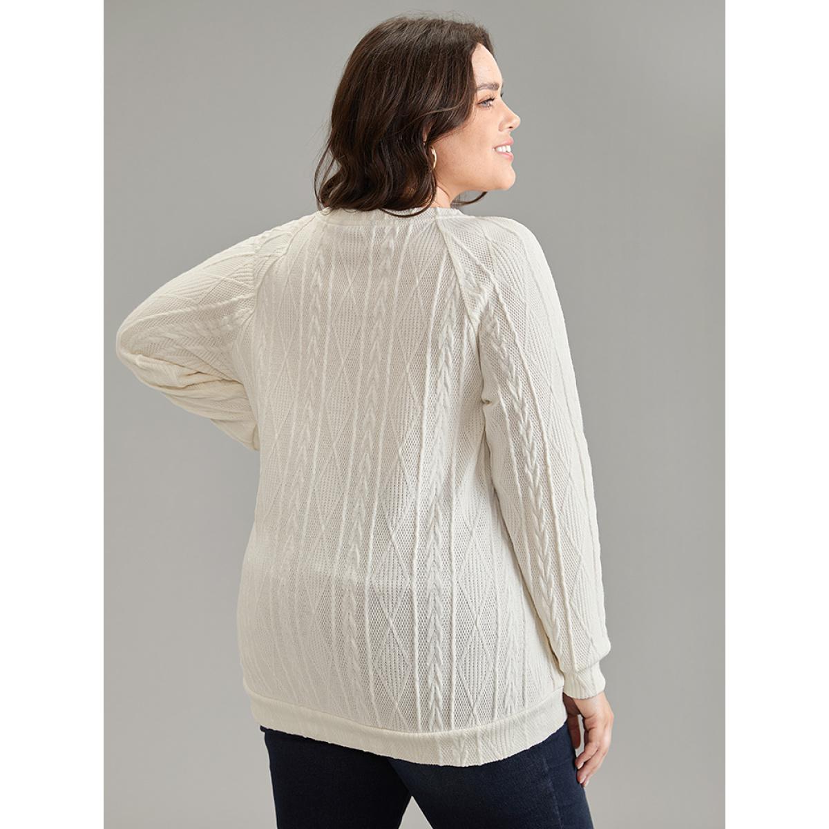 Plus Size Plain Texture Button Detail Knit Sweatshirt Women White Elegant Texture Round Neck Dailywear Sweatshirts BloomChic 14-16/1X Product Image