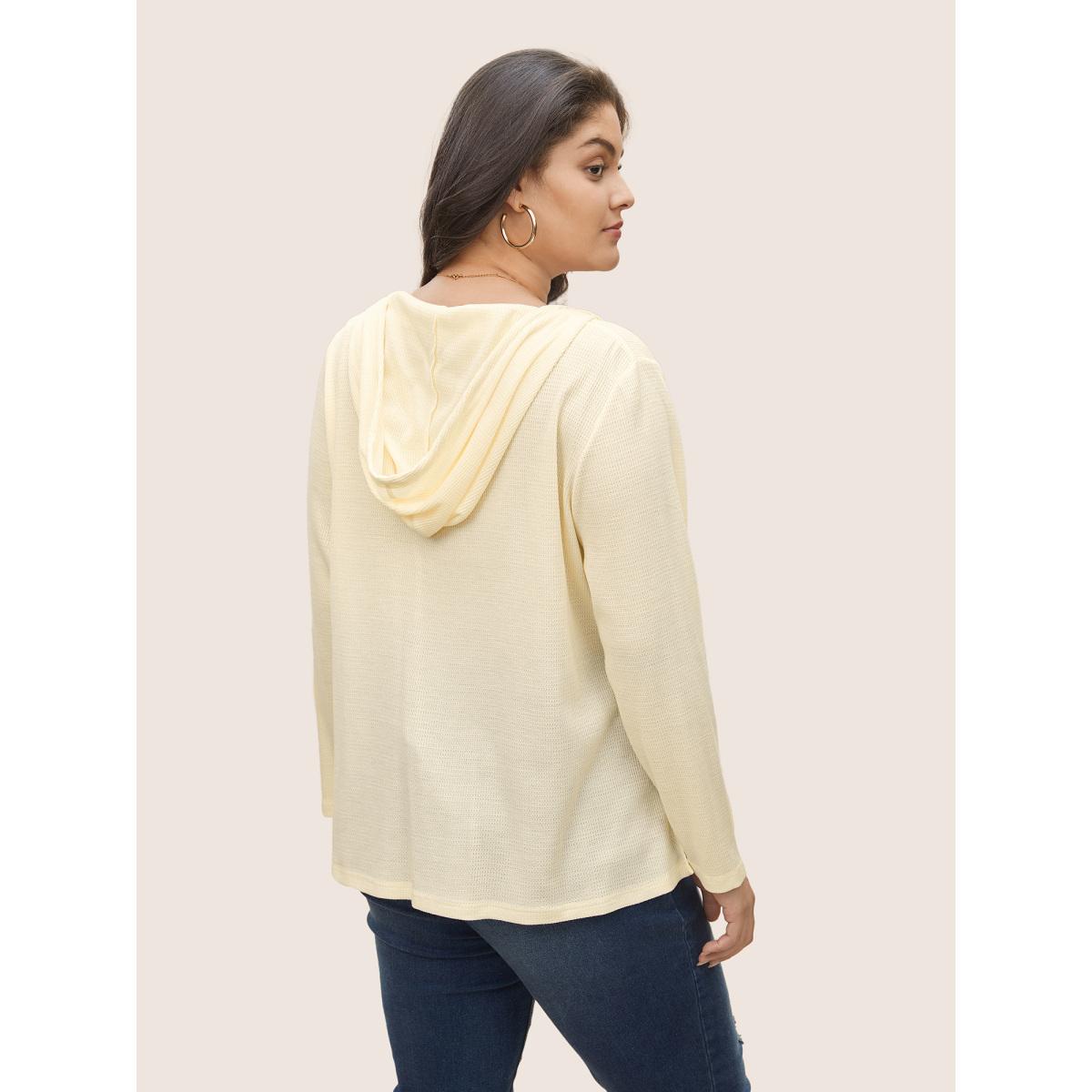 Plus Size Plain Waffle Knit Tassel Trim Hooded Sweatshirt Women Beige Casual Tassels V-neck Everyday Sweatshirts BloomChic 10/M Product Image