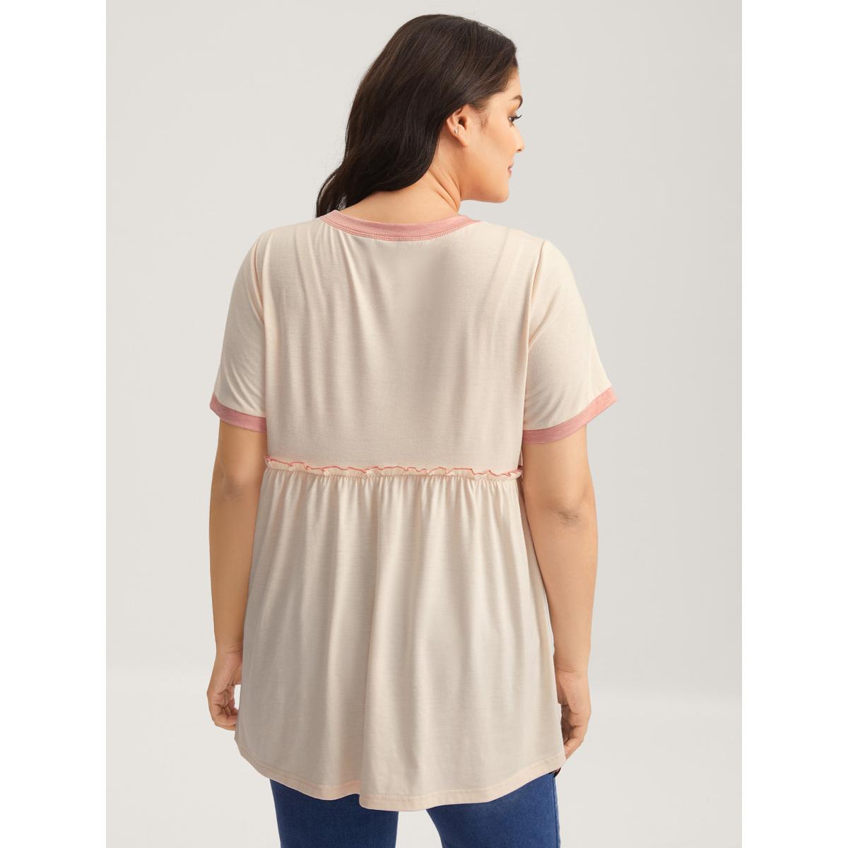 Plus Size Color Contrast High Low Hem T-Shirt Nudepink Women Gathered Round Neck Everyday-Casual T-shirts BloomChic 22-24/3X Product Image