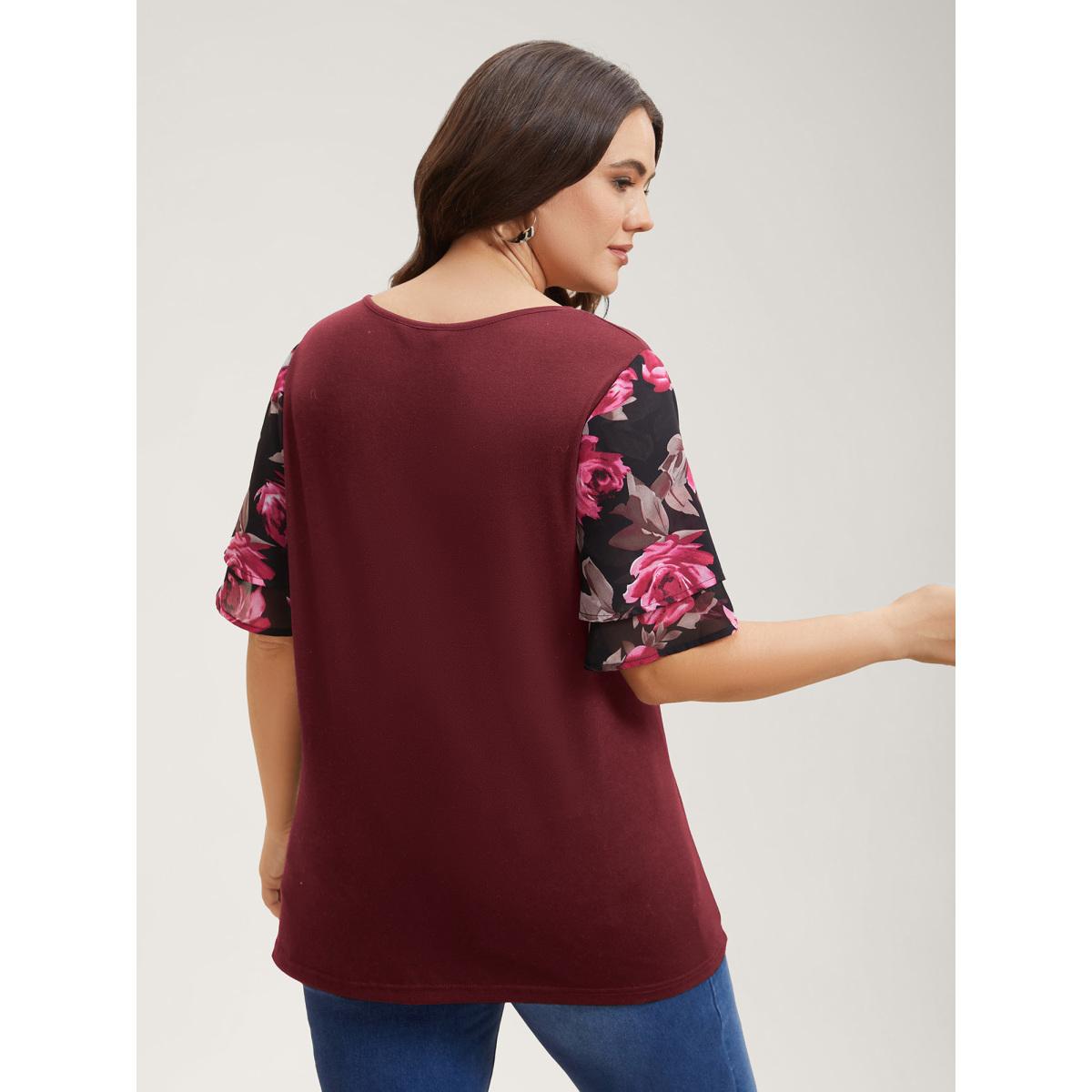 Plus Size Stretchy Floral Lotus Sleeve V-Neck T-Shirt Burgundy Women Leisure Contrast Round Neck Casual T-shirts BloomChic 22-24/3X Product Image
