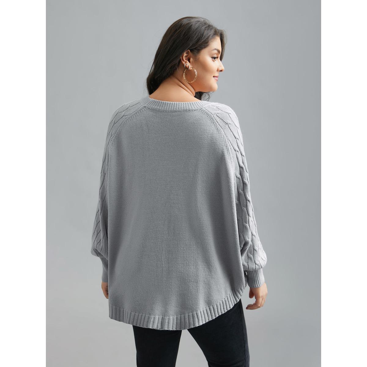 Plus Size Cable Knit Dolman Sleeve Curved Hem Pullover LightGray Women Leisure Loose Long Sleeve Round Neck Casual Pullovers BloomChic 14-16/1X Product Image