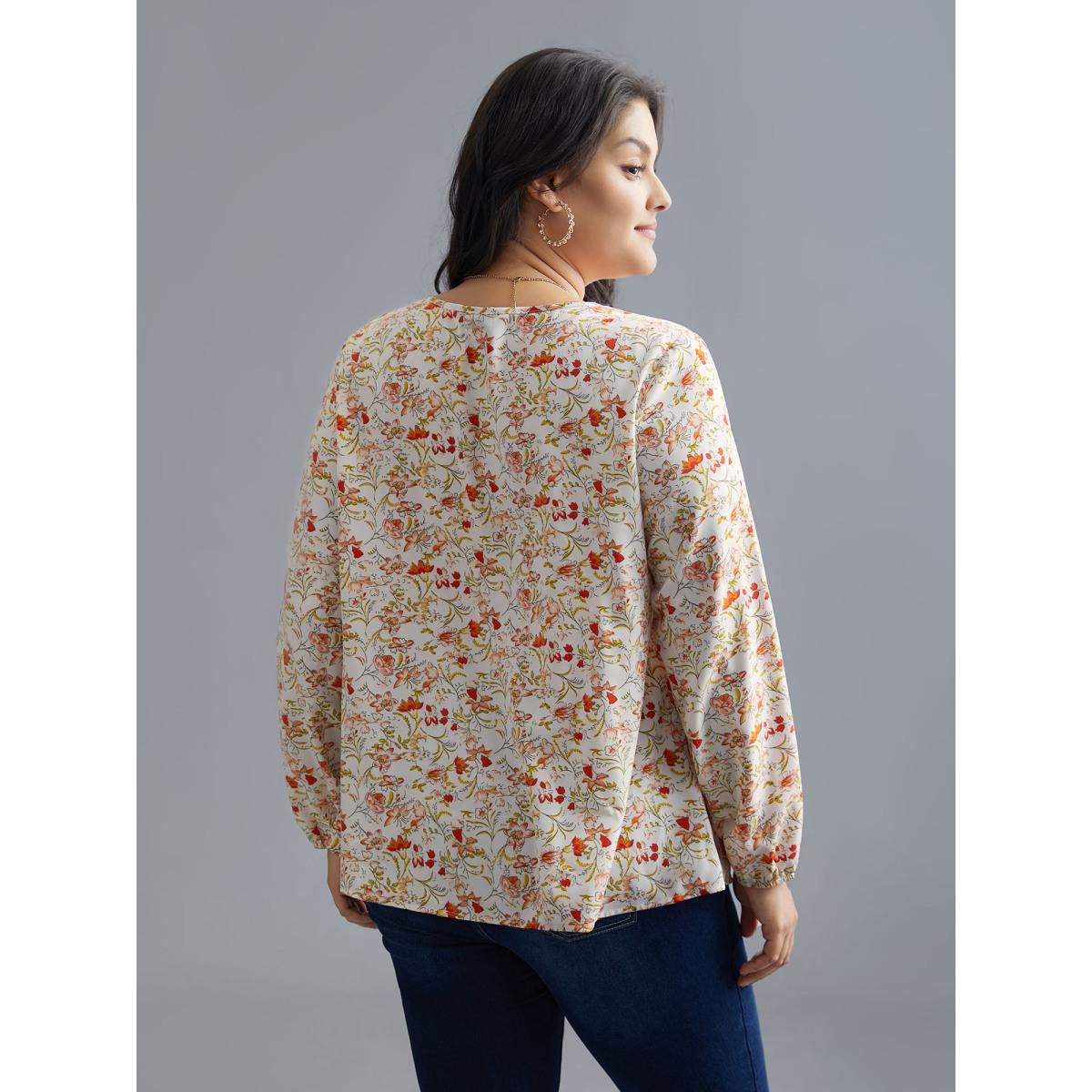 Plus Size Multicolor V Neck Ditsy Floral Contrast Webbing Blouse Women Elegant Long Sleeve V-neck Everyday Blouses BloomChic 14-16/1X Product Image