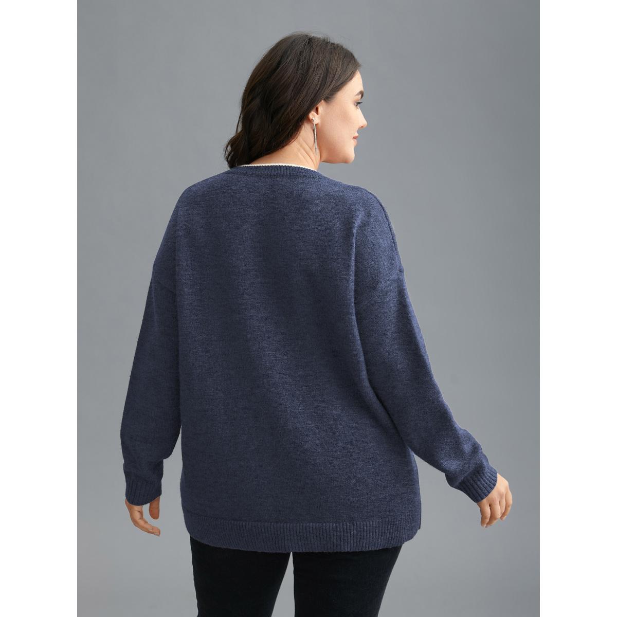 Plus Size Floral Textured Crew Neck Pullover Indigo Women Casual Loose Long Sleeve Round Neck Everyday Pullovers BloomChic 30/6X Product Image