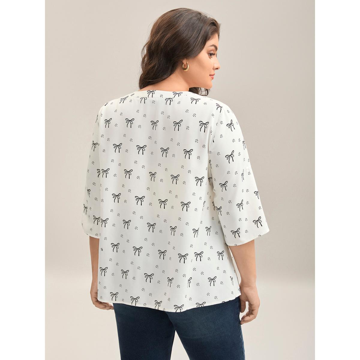Plus Size Originalwhite Bow Fun Print Notched Collar Shirt Women Elbow-length sleeve Notched collar Work Blouses BloomChic 18-20/2X Product Image