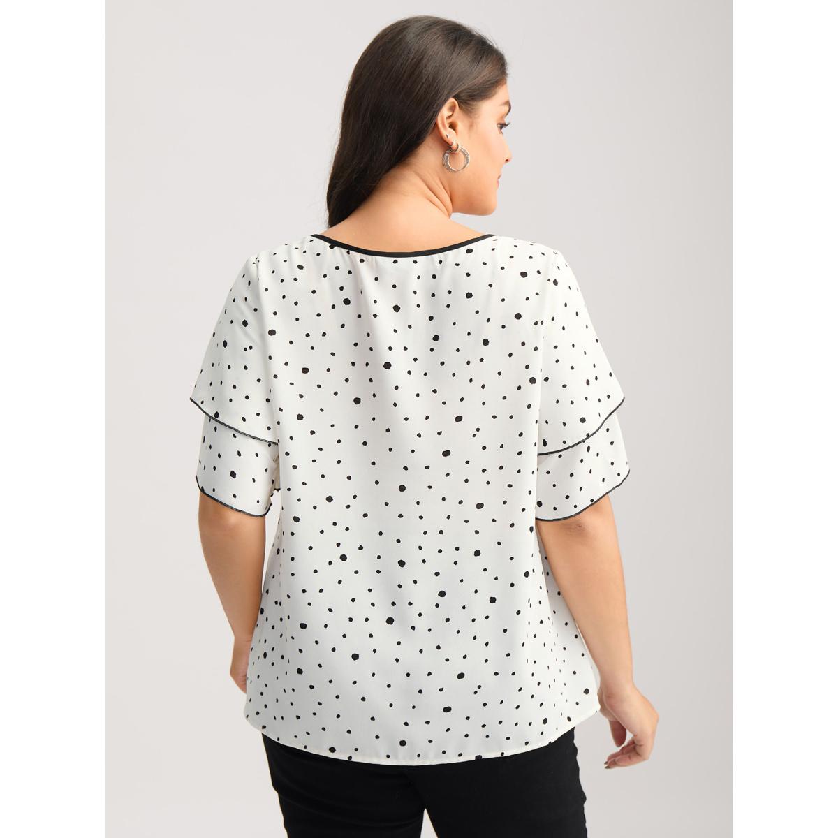 Plus Size Originalwhite Polka Dots Contrast Layered Sleeve Blouse Women Office Short sleeve Round Neck Office Blouses BloomChic 30/6X Product Image