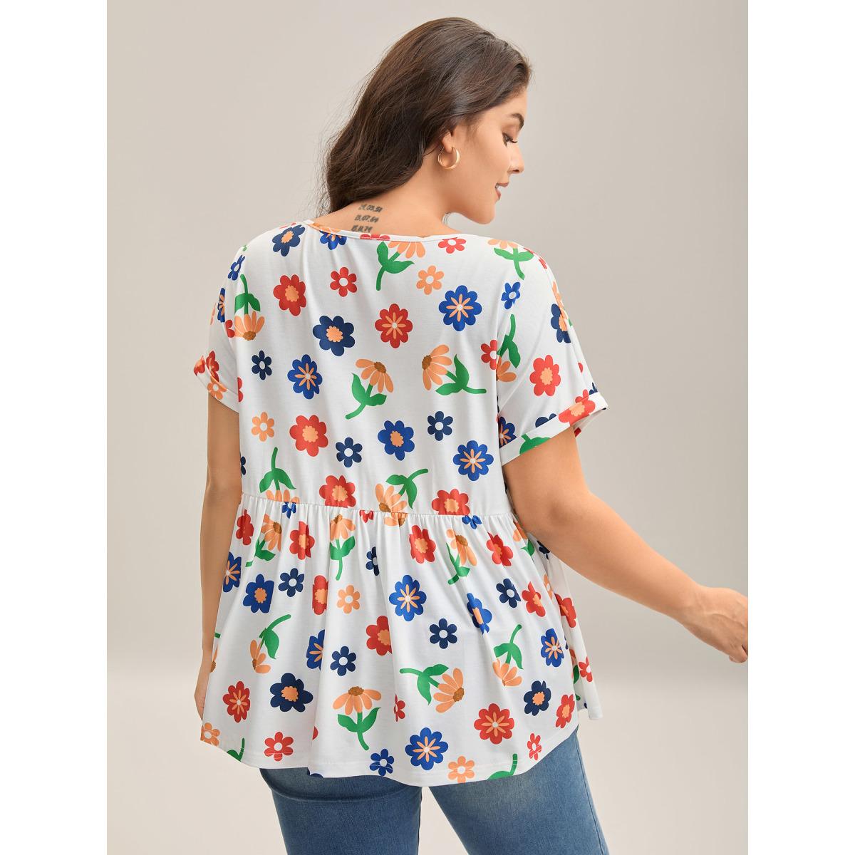 Plus Size Multi-Color Floral Print Babydoll Top Multicolor Women Gathered Natural Flowers Round Neck Everyday-Casual T-shirts BloomChic 18-20/2X Product Image