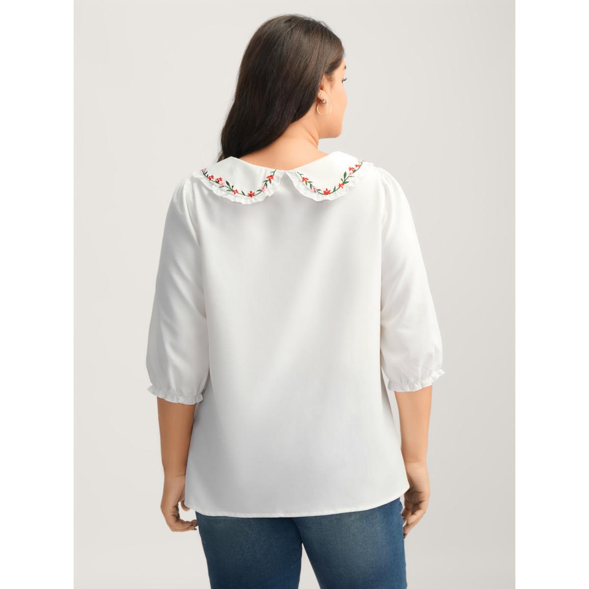 Plus Size Originalwhite Floral Embroidered Doll Collar Blouse Women Elbow-length sleeve Peter Pan collar Everyday-Elegant Blouses BloomChic 12/L Product Image