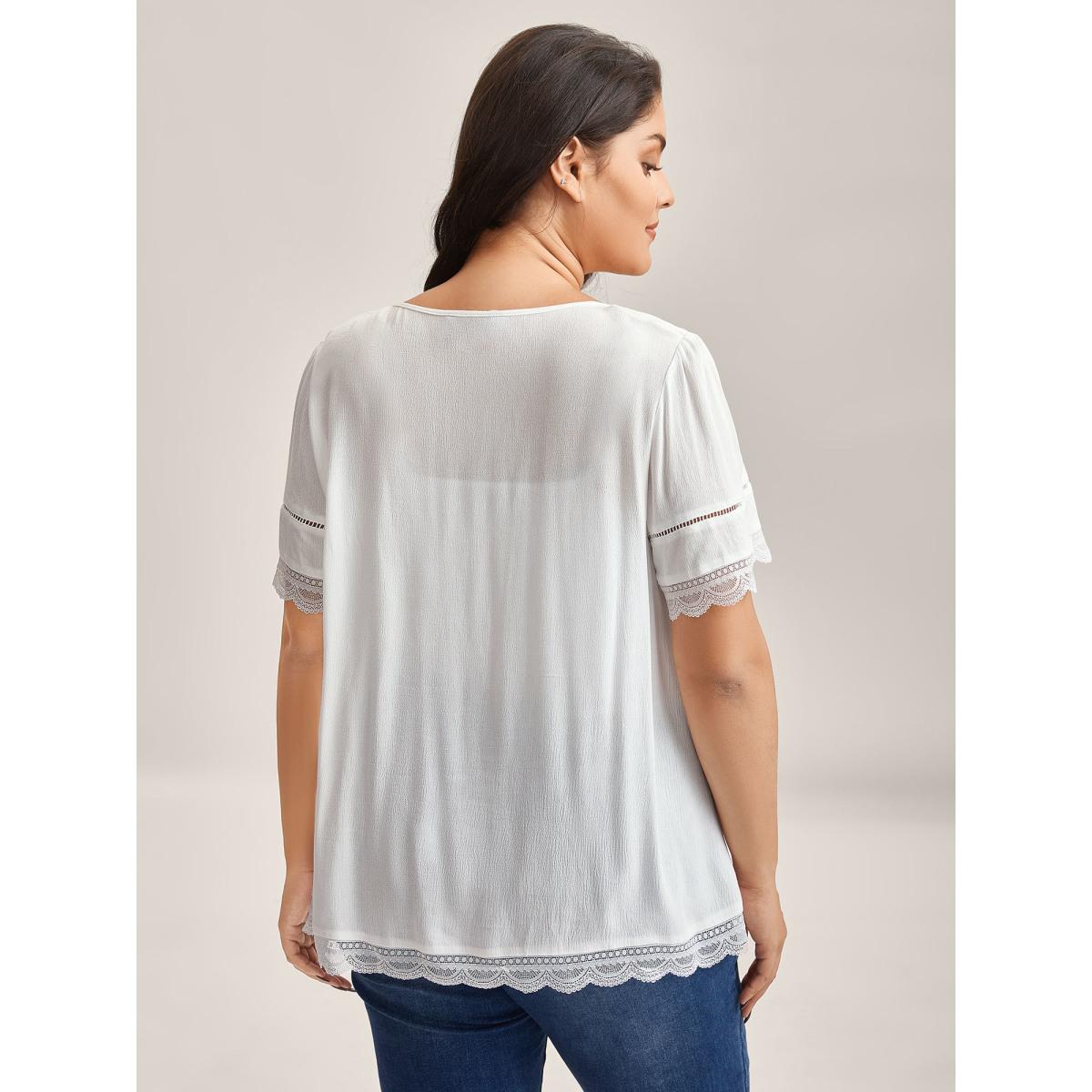 Plus Size WhiteSmoke Rayon Flowy Lace Trim Solid Blouse Women Leisure Short sleeve Heart neckline Casual Blouses BloomChic 26/4X Product Image