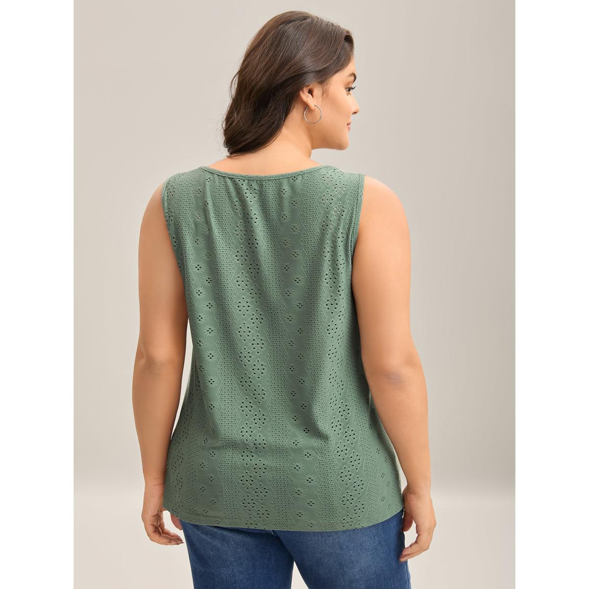 Plus Size Cut-Out Textured Button Detail Tank Top Women Greenbean Leisure Texture Round Neck Casual Tank Tops Camis BloomChic 28/5X Product Image