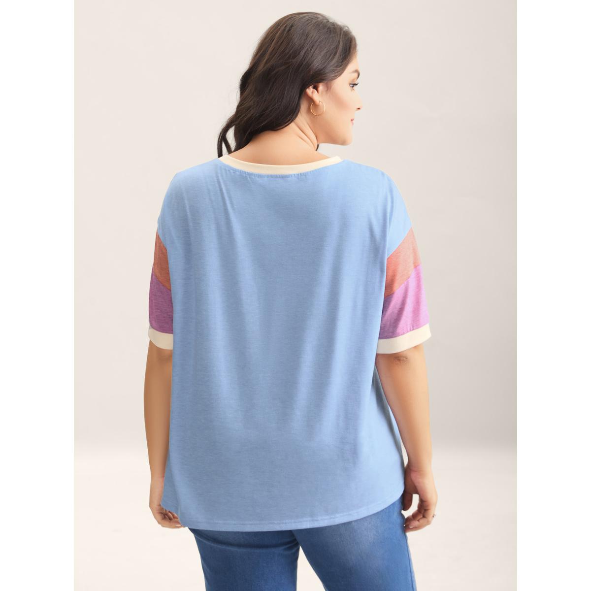 Plus Size Supersoft Stretchy Color Contrast T-Shirt LightBlue Women Leisure Contrast Round Neck Casual T-shirts BloomChic 12/L Product Image