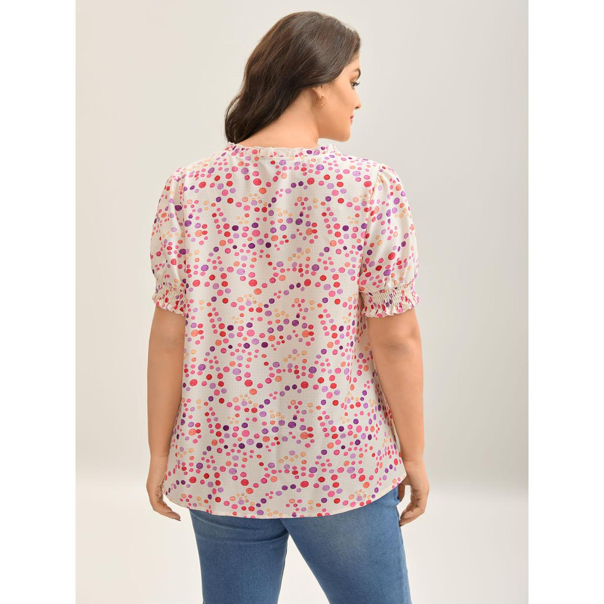 Plus Size Ivory Pretty Polka Dots Shirred Sleeve Shirt Women Short sleeve Notched collar Elegant Blouses BloomChic 14-16/1X Product Image