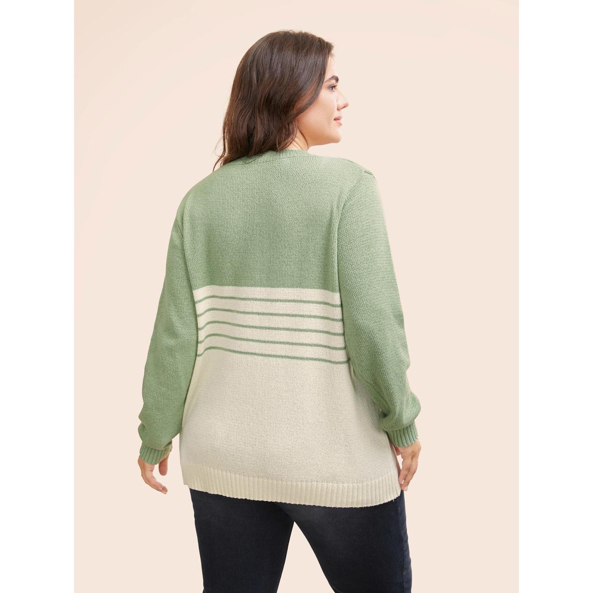 Plus Size V Neck Striped Patchwork Pullover LightGreen Women Casual Long Sleeve V-neck Everyday Pullovers BloomChic 14-16/1X Product Image