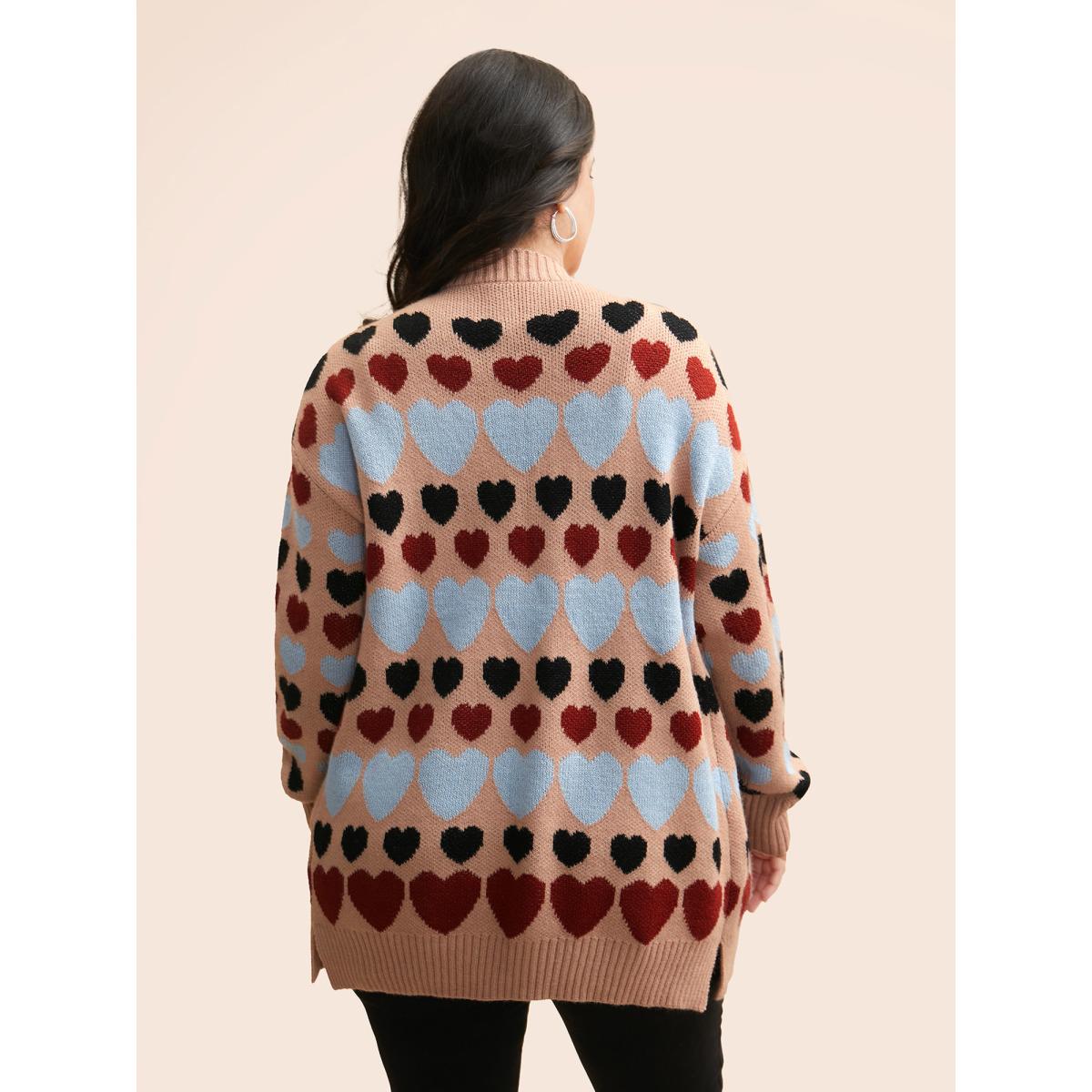 Plus Size Contrast Heart Patch Pocket Cardigan Nudepink Women Casual Loose Long Sleeve Everyday Cardigans BloomChic 14-16/1X Product Image
