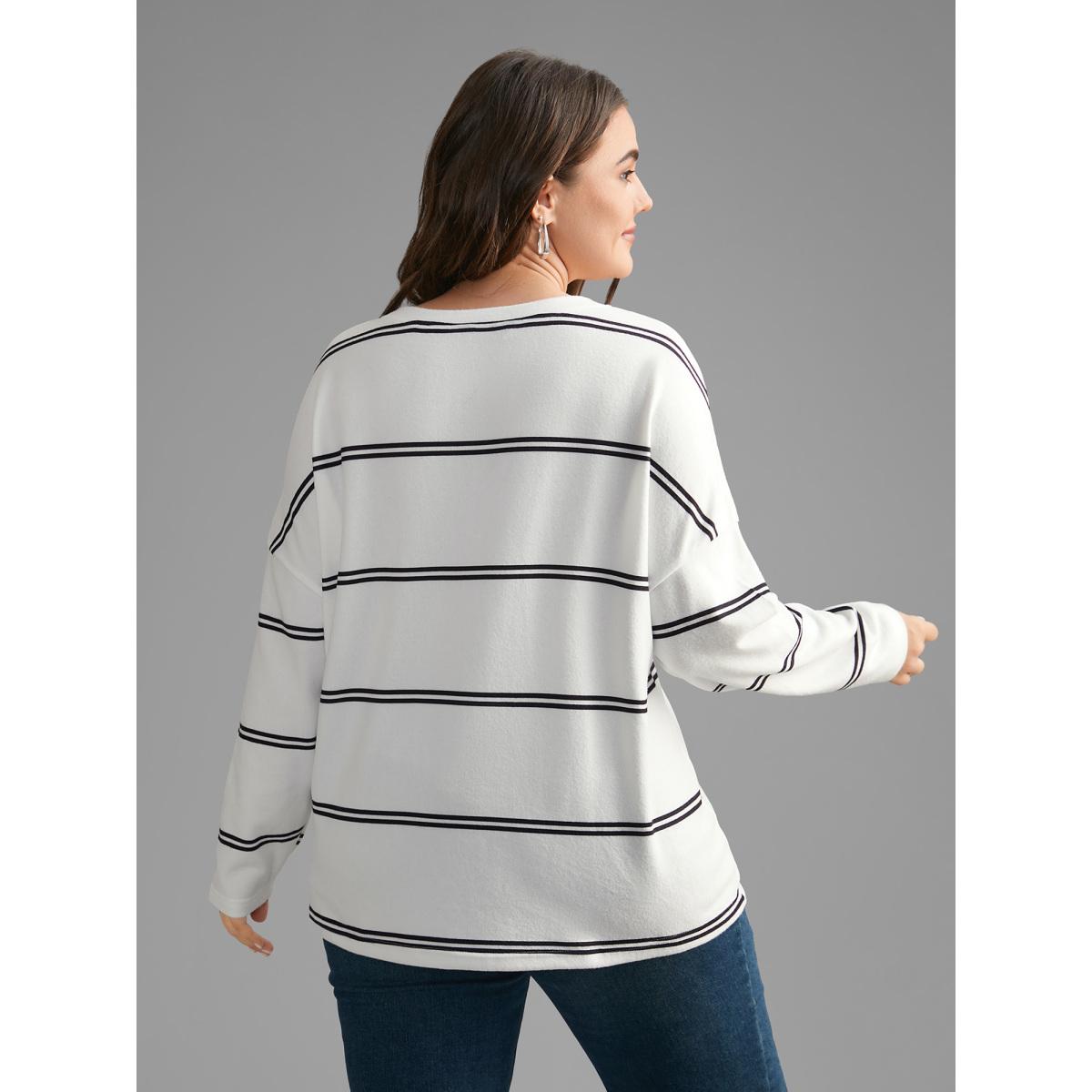 Plus Size V Neck Contrast Striped Drop Shoulder T-shirt Originalwhite Women Casual Contrast V-neck Everyday T-shirts BloomChic 12/L Product Image