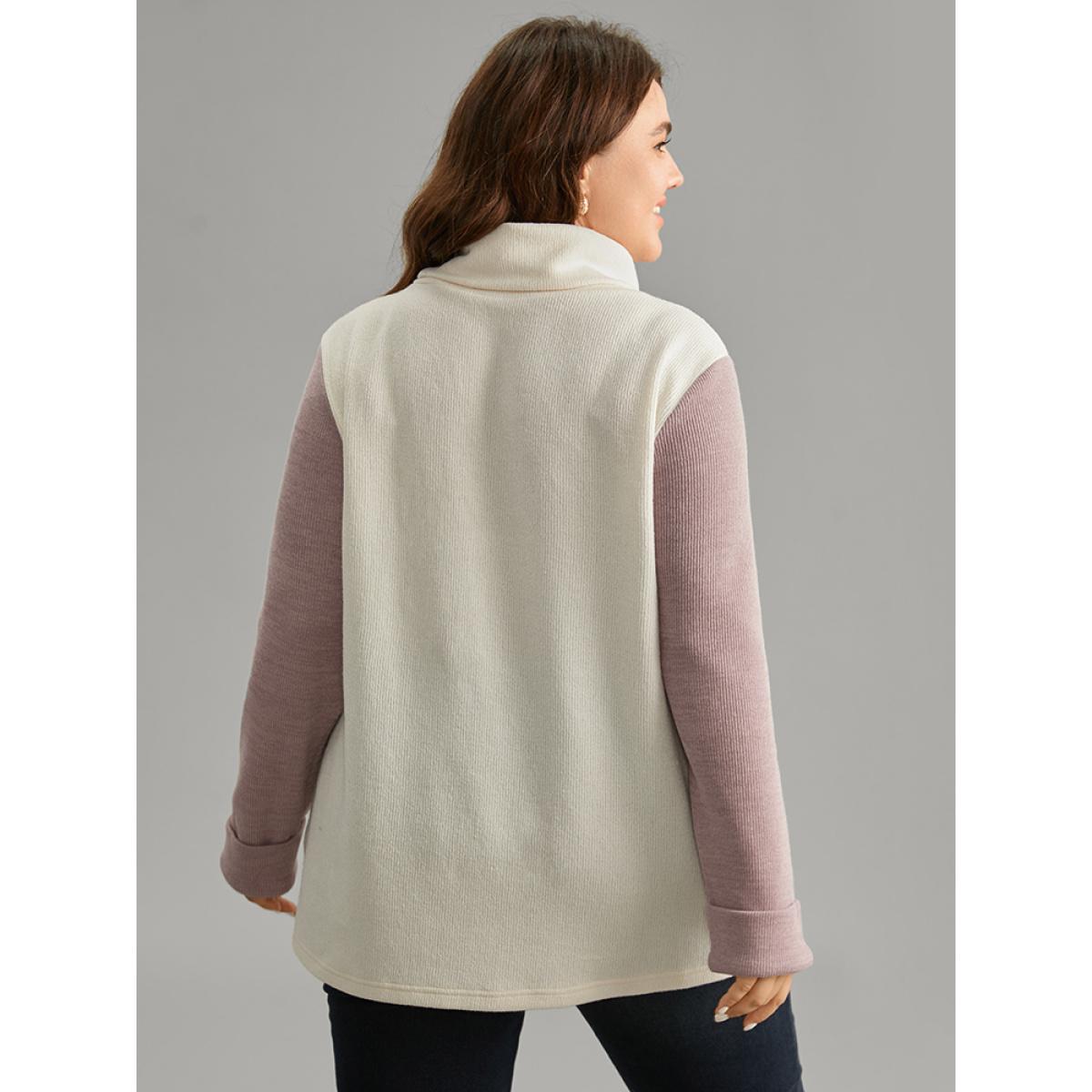 Plus Size Two Tone Turtle Neck Patchwork Sweatshirt Women White Casual Texture Turtleneck Dailywear Sweatshirts BloomChic 10/M Product Image