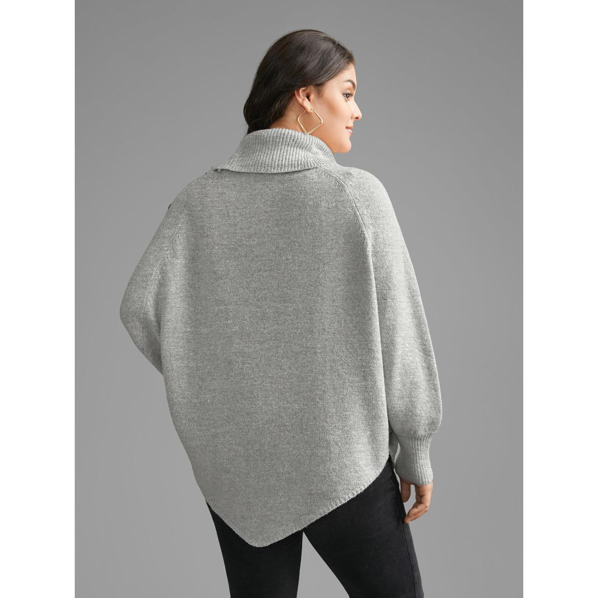 Plus Size Turtleneck Cable Knit Asymmetrical Hem Pullover LightGray Women Casual Loose Long Sleeve Ruffled collar Everyday Pullovers BloomChic 12/L Product Image
