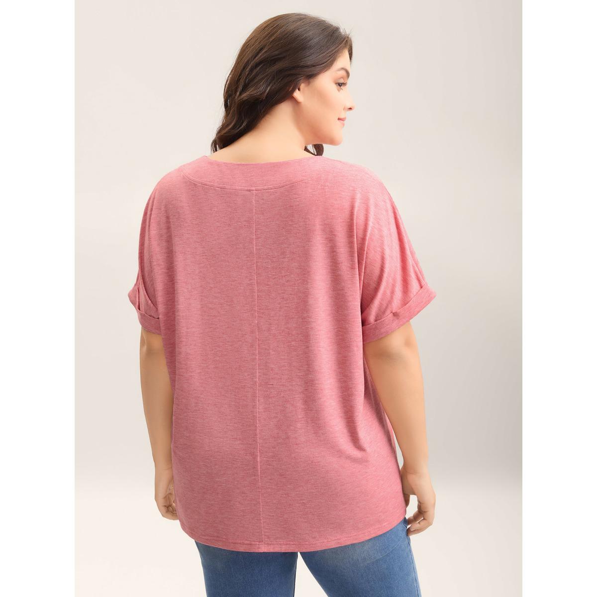 Plus Size Stretchy Heathered V-Neck Solid T-Shirt Beanpastepowder Women Casual Roll Hem V-neck Everyday T-shirts BloomChic 28/5X Product Image