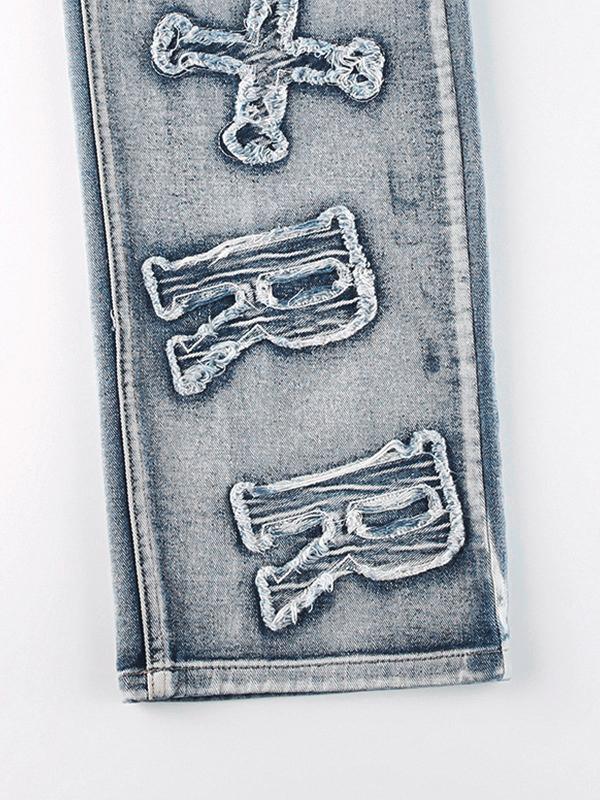 Letter Patch Faded Boyfriend Jeans Product Image