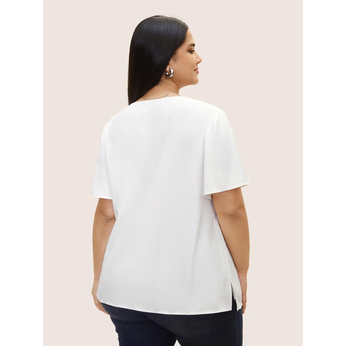 Plus Size WhiteSmoke Contrast Trim Pleated Flutter Sleeve Blouse Women At the Office Short sleeve V-neck Office Blouses BloomChic 10/M Product Image