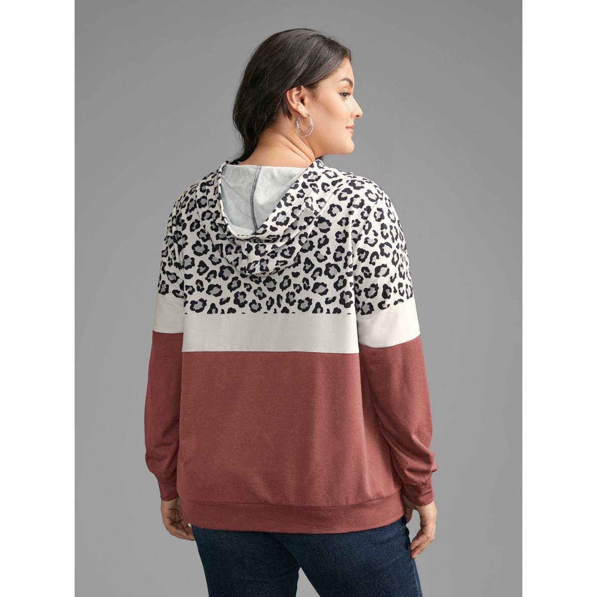 Plus Size Leopard Print Patchwork Contrast Drawstring Sweatshirt Women DustyPink Casual Contrast Hooded Everyday Sweatshirts BloomChic 14-16/1X Product Image