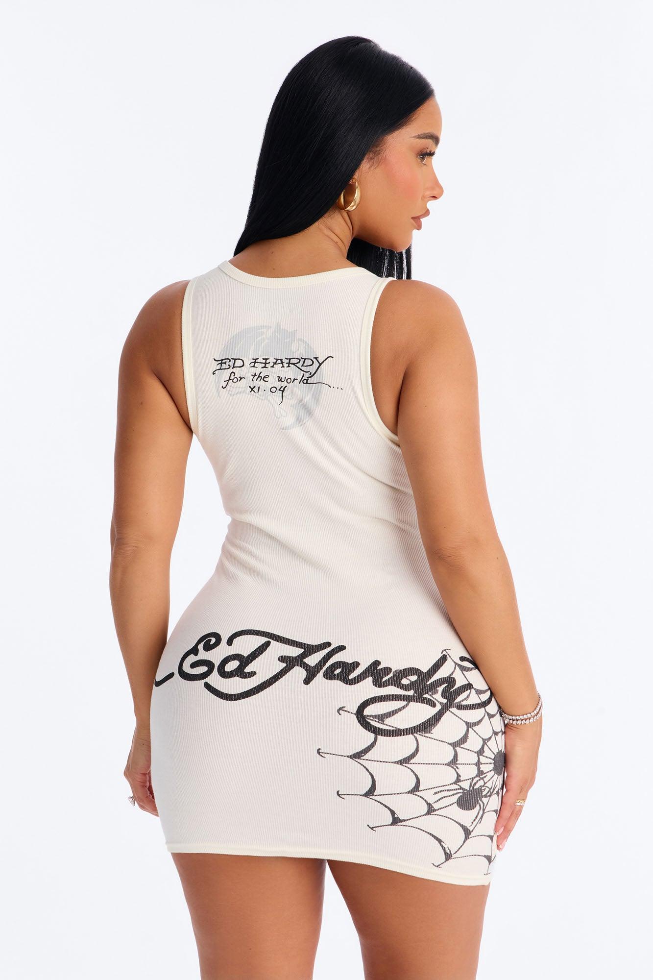 Ed Hardy Spider Wed Tank Mini Dress - Ivory Female Product Image