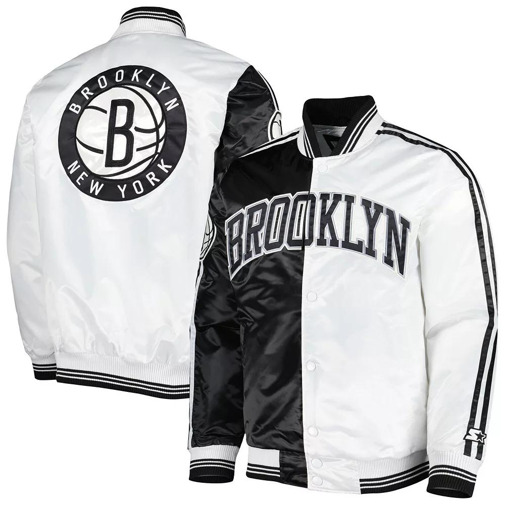 Men's Starter Black/White Brooklyn Nets Fast Break Satin Full-Snap Jacket,  Product Image