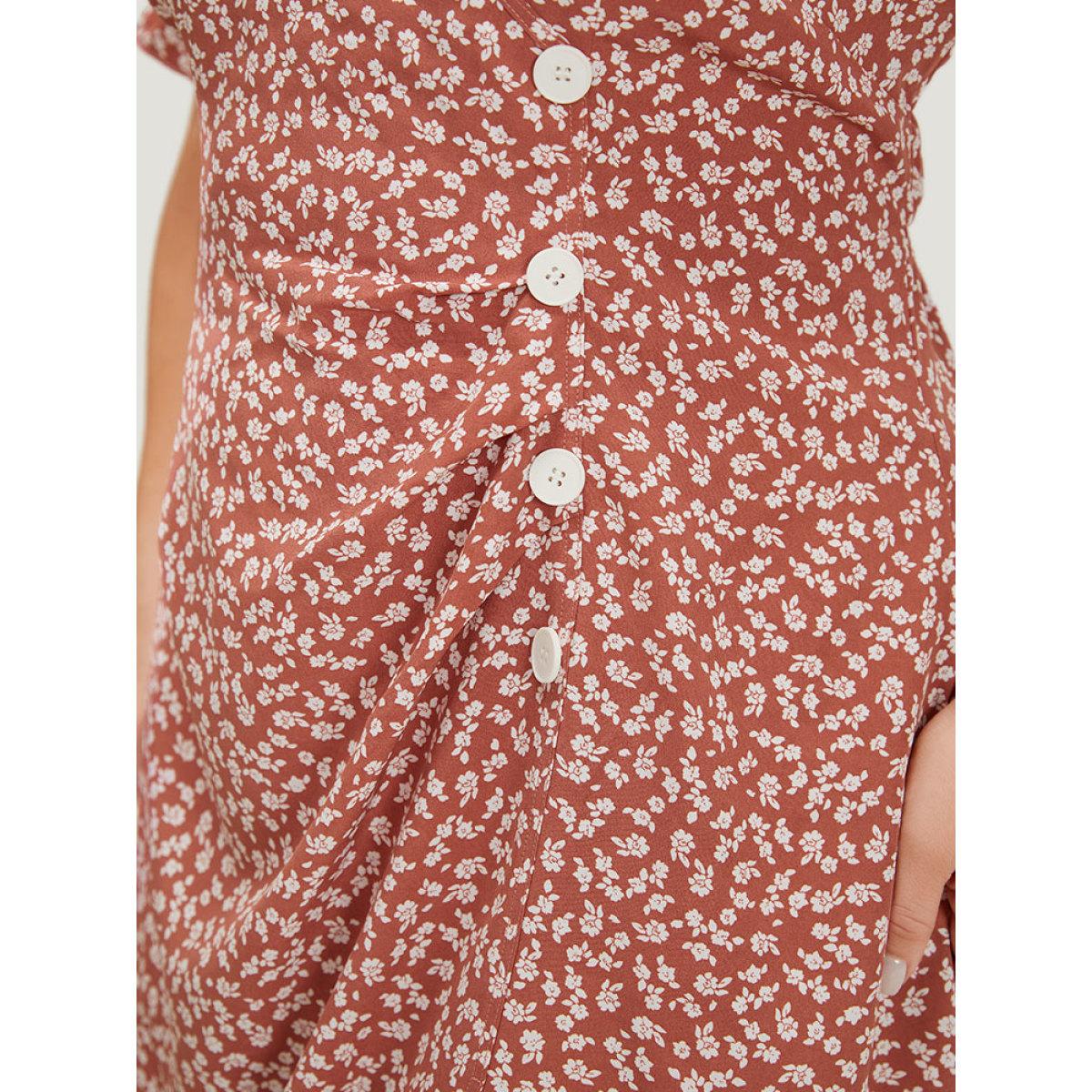 Plus Size Ditsy Floral Puff Sleeve Pocket Button Ruched Wrap Dress Russet Women Elegant Ruched V-neck Short sleeve Curvy Midi Dress BloomChic 18-20/2X Product Image