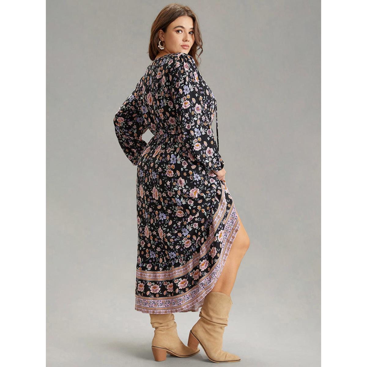Plus Size Boho Print Lantern Sleeve Elastic Waist Dress Black Women Vacation Elastic cuffs V-neck Long Sleeve Curvy Midi Dress BloomChic 28/5X Product Image