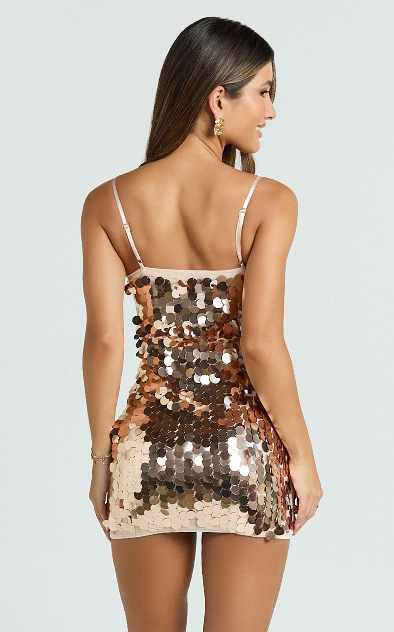 Wilfreda Mini Dress - Sequin Square Neck Bodycon Dress in Rose Gold Product Image