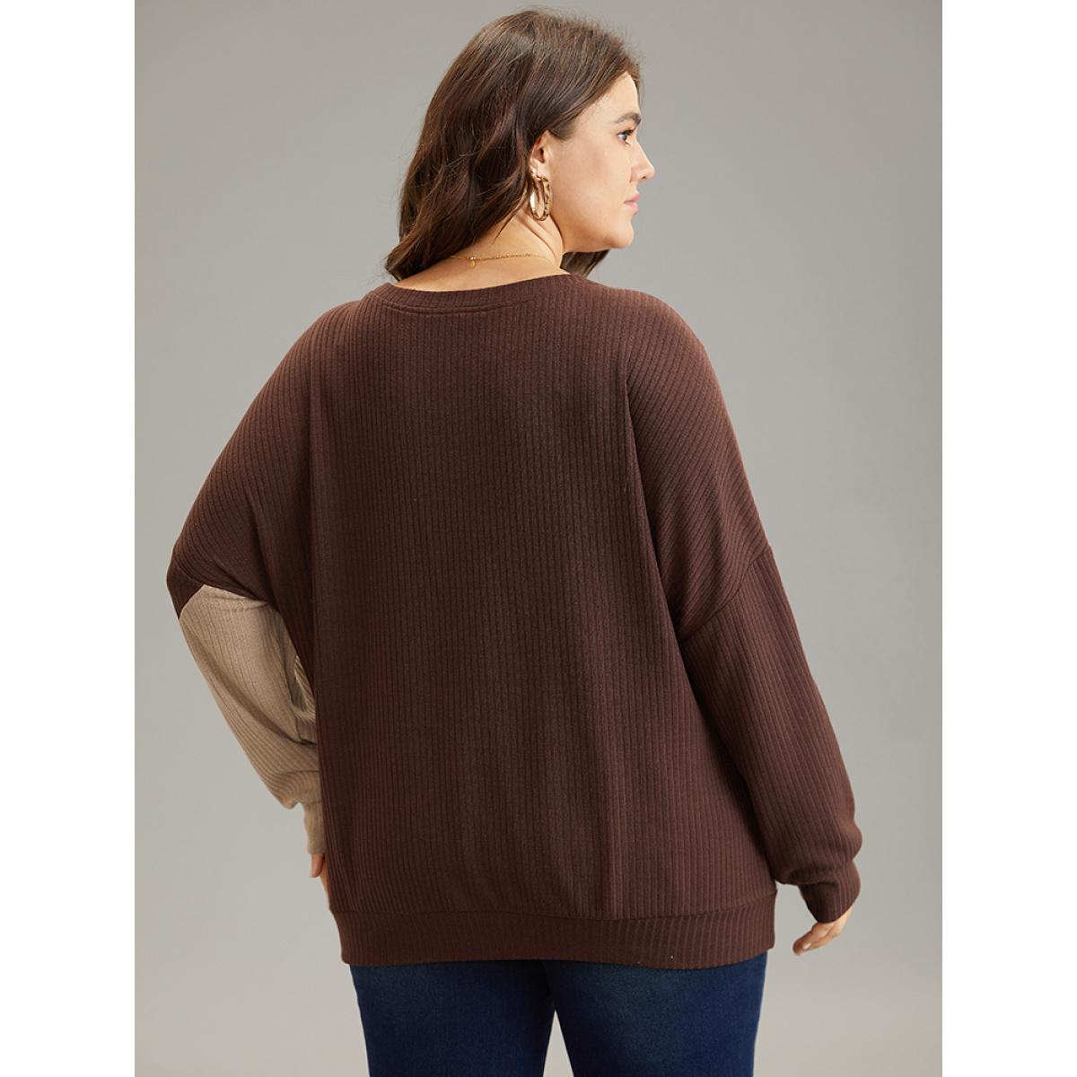 Plus Size Rib Knit Colorblock Contrast Drop Shoulder Sweatshirt Women Multicolor Casual Texture Round Neck Dailywear Sweatshirts BloomChic 10/M Product Image