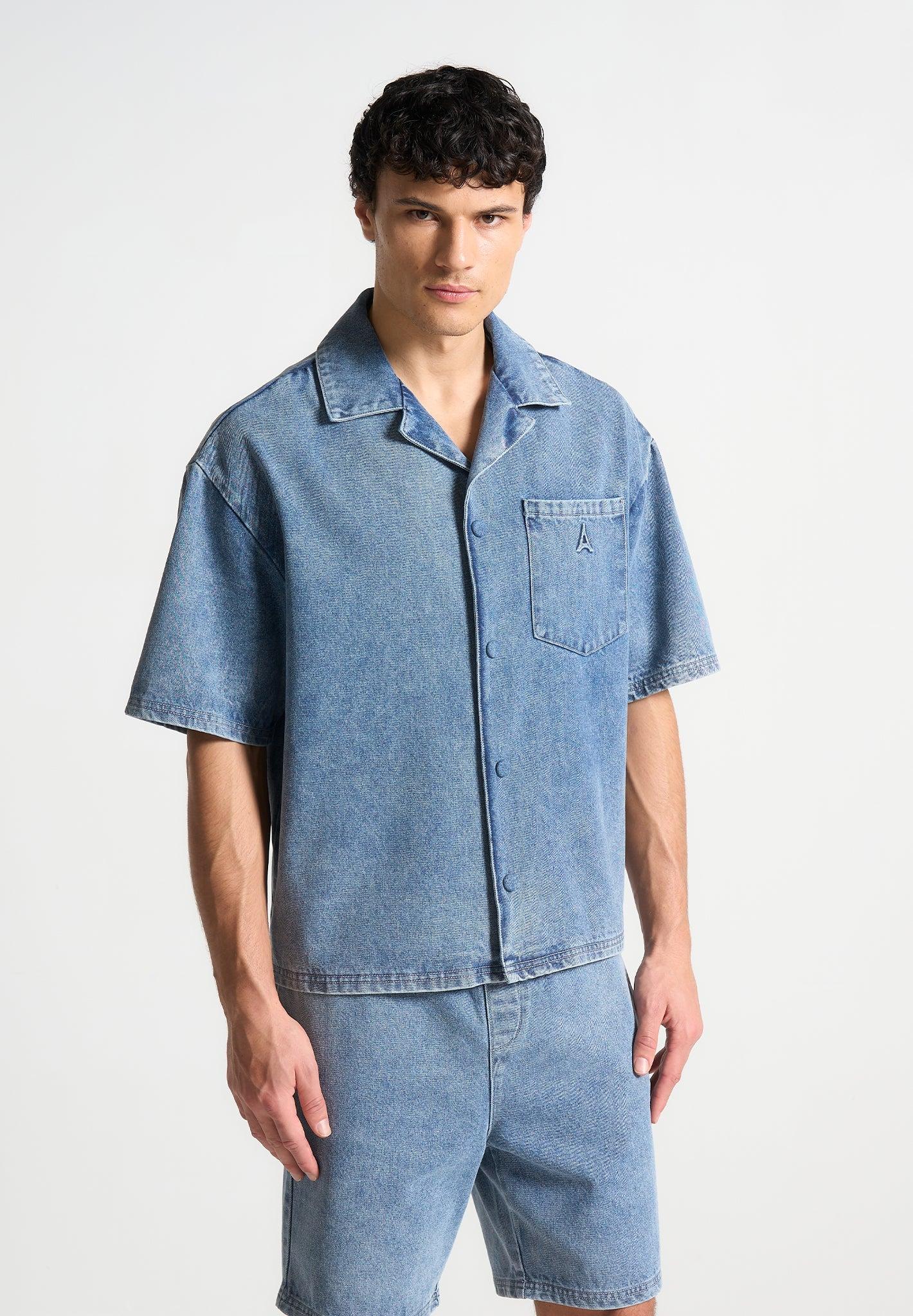 Boxy Denim Revere Shirt - Mid Blue Male Product Image