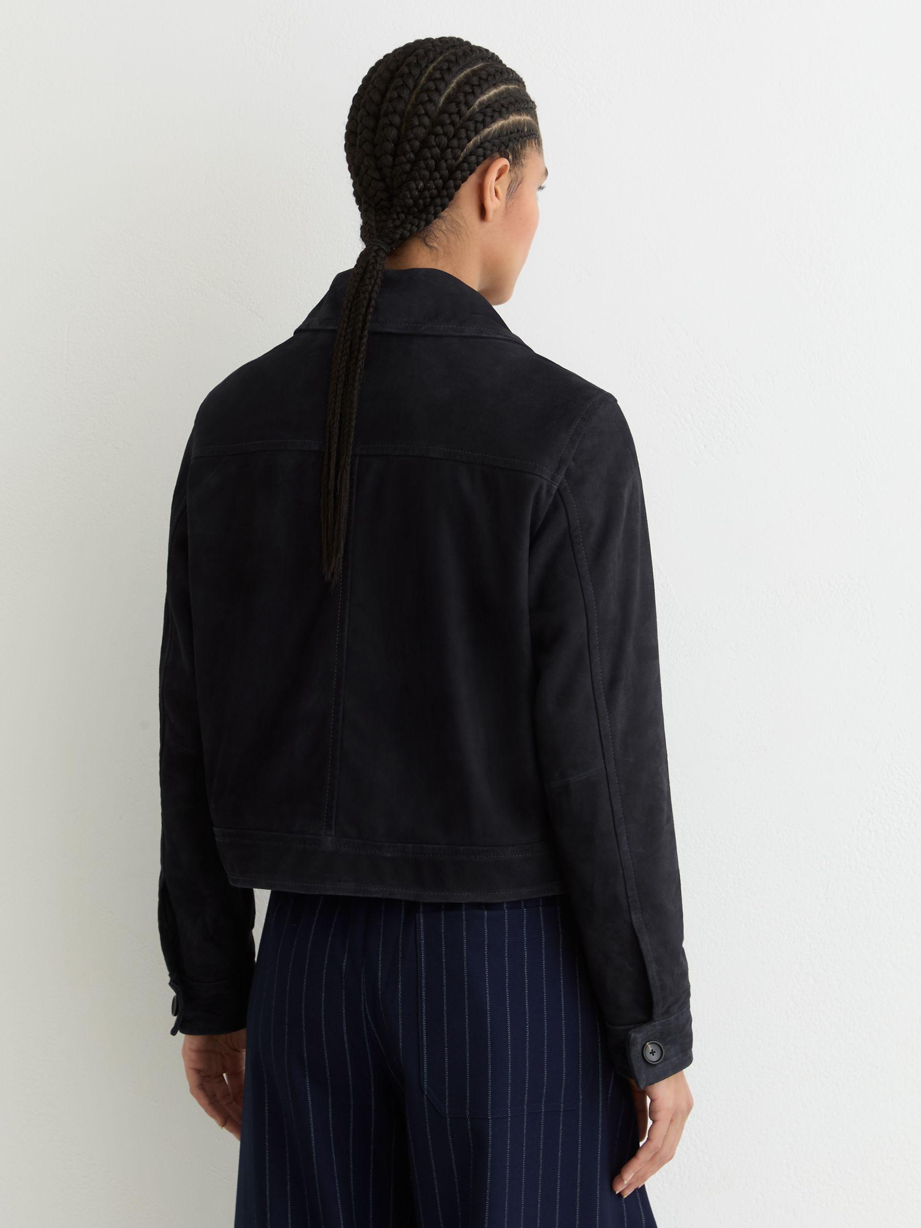 Suede Cropped Trucker Jacket in Navy Product Image