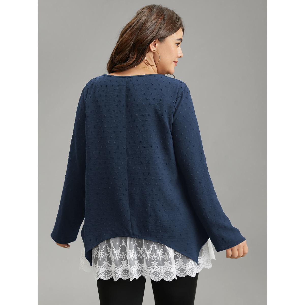 Plus Size Indigo Crochet Lace Mesh Polka Dot Asymmetrical Hem Blouse Women Elegant Long Sleeve Round Neck Everyday Blouses BloomChic 12/L Product Image