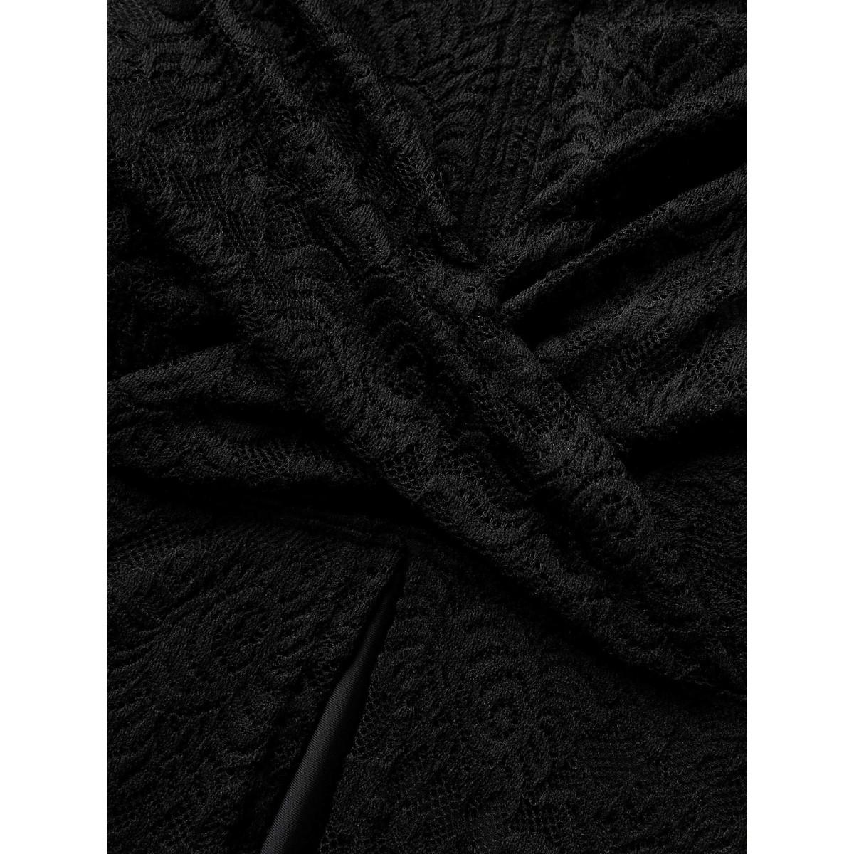 Plus Size V Neck Lace Insert Gathered Swim Top Women's Swimwear Black Beach Twist High stretch Bodycon V-neck Curve Swim Tops BloomChic 28/5X Product Image