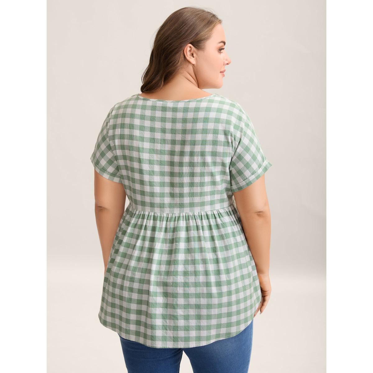 Plus Size Sage Plaid Pattern Waist-Cinched Blouse Women Casual Short sleeve Round Neck Everyday-Casual Blouses BloomChic 18-20/2X Product Image