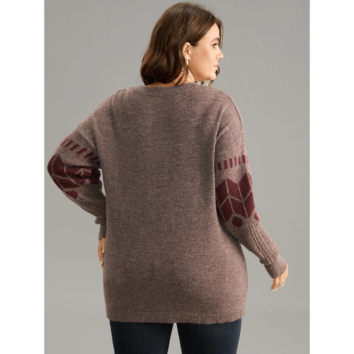 Plus Size Supersoft Essentials Geometric Knit Jacquard Pullover Burgundy Women Casual Loose Long Sleeve V-neck Dailywear Pullovers BloomChic 30/6X Product Image