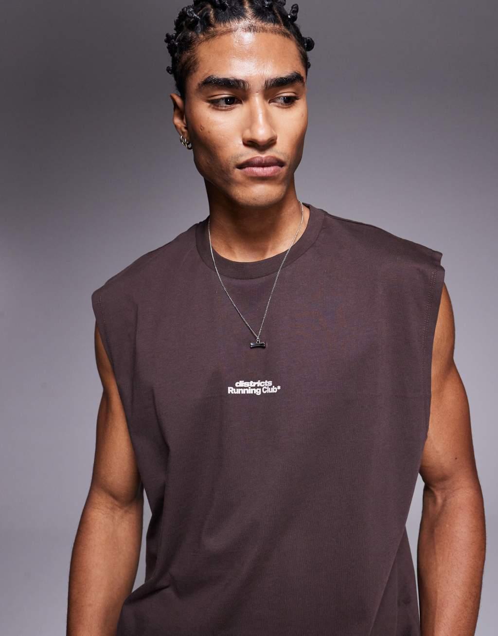 ASOS DESIGN boxy oversized athletic graphic tank top in brown Product Image