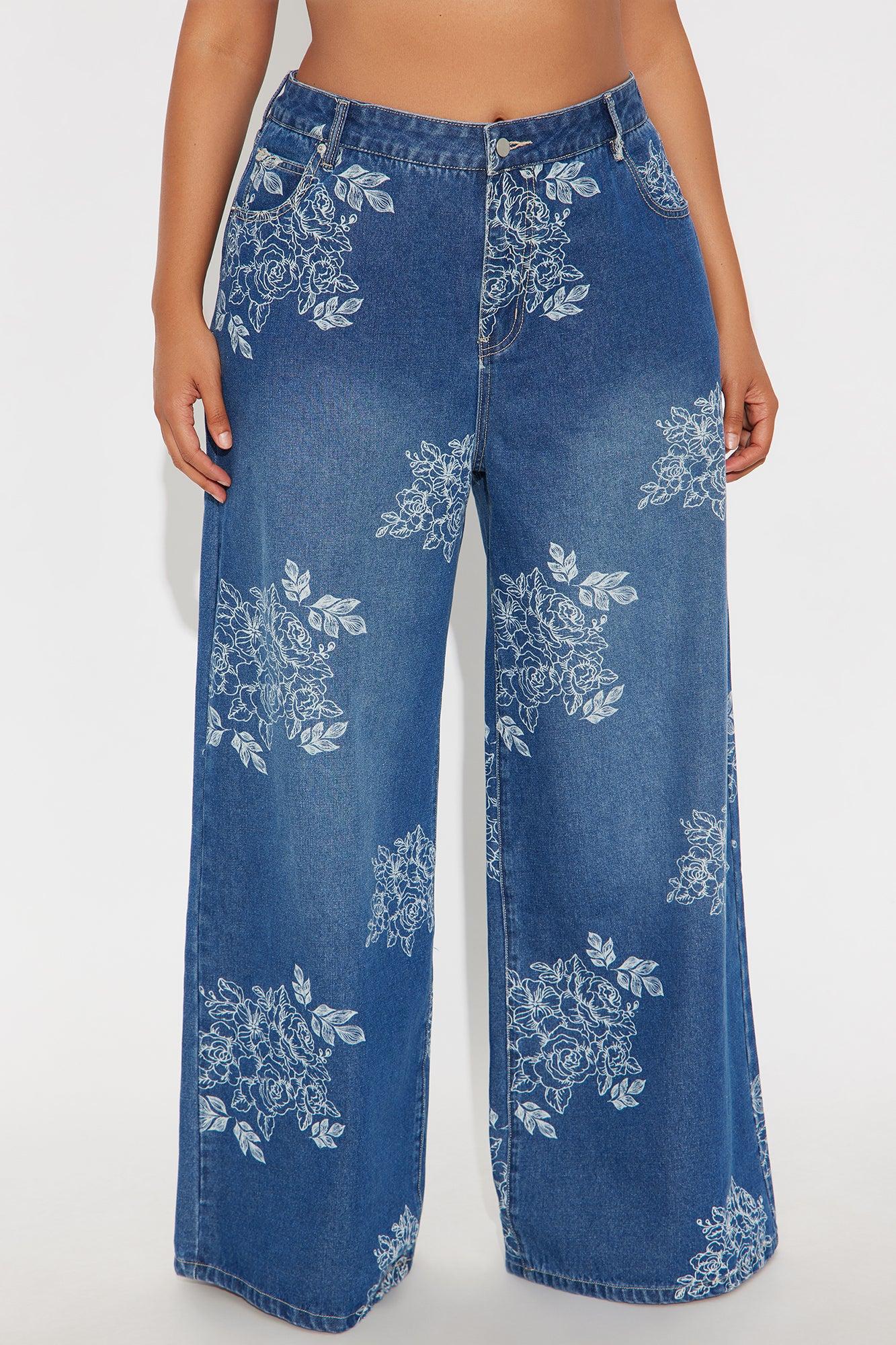Rose Kiss Floral Print Wide Leg Jeans - Medium Wash Female Product Image