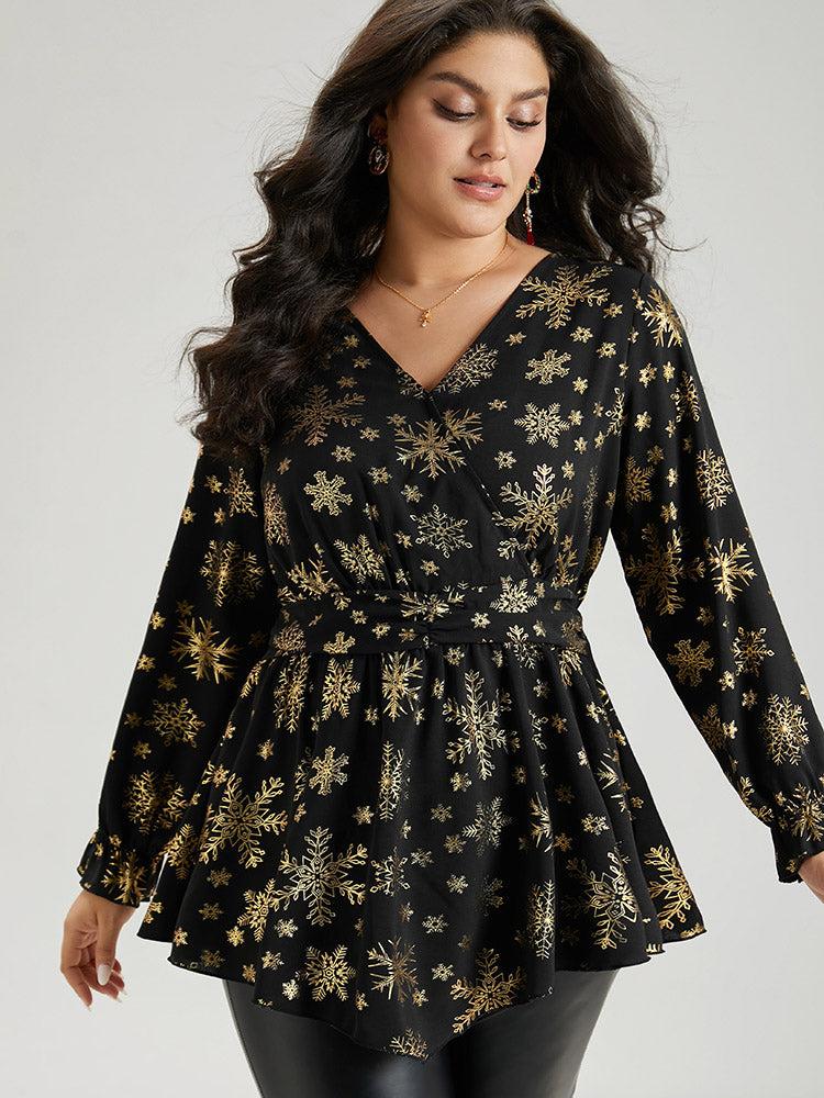 Glitter Snowflake Elastic Waist Ruched Wrap Blouse Female Product Image