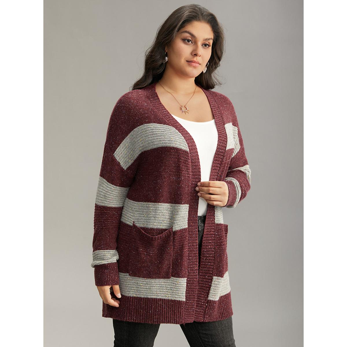Plus Size Colorblock Patched Pocket Open Front Cardigan Burgundy Women Casual Loose Long Sleeve Dailywear Cardigans BloomChic 14-16/1X Product Image