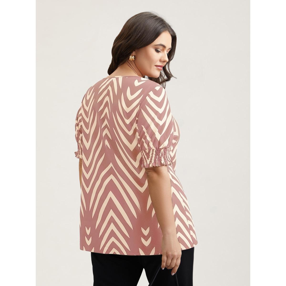 Plus Size DustyPink Geometric Print Ruffled Shirred Shirt Women Office Half Sleeve Flat collar with V-notch Office Blouses BloomChic 22-24/3X Product Image